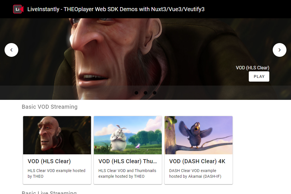 Screenshot of THEOplayer Demo Web App